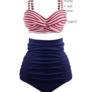 Retro Stage: Red & White Stripe Bikini Top with Navy High-Waist Ruched Bottom